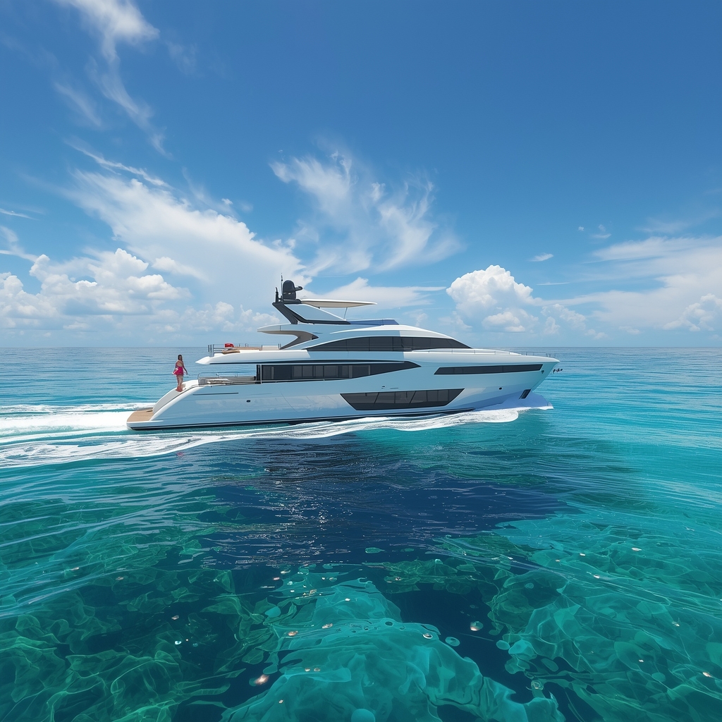 A luxurious modern yacht sailing gracefully on serene turquoise ocean waters under a clear sunny sky, photorealistic 8k, architectural digest style, Nano Banana2 (no woman image)